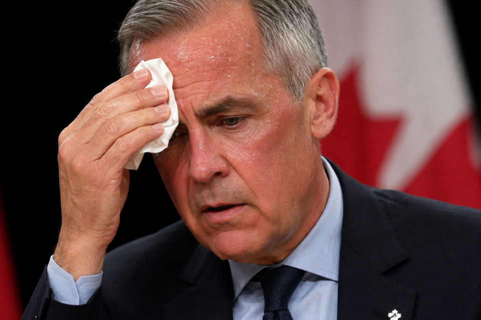 A man in a suit wipes his forehead with a cloth, with a Canadian flag in the background.
